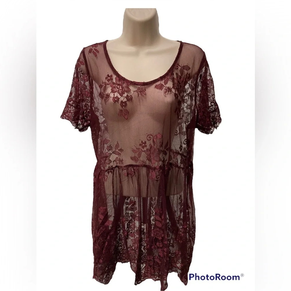 🛍️Torrid Babydoll Sheer Lace Short Sleeve Burgundy size 0X - Picture 1 of 3